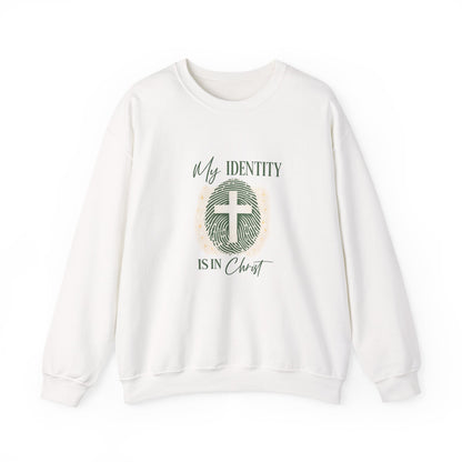 Christian Crewneck Sweatshirt — "My Identity Is in Christ" Cross & Fingerprint Design